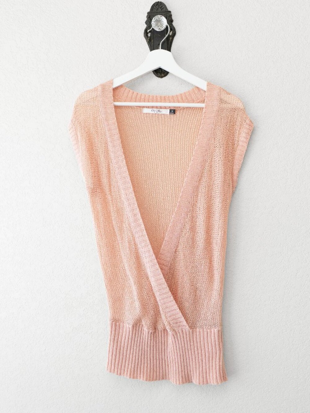 Old Navy Medium Pink Metallic Open Knit Top Y2K Sheer V Neck Sleeveless Sweater